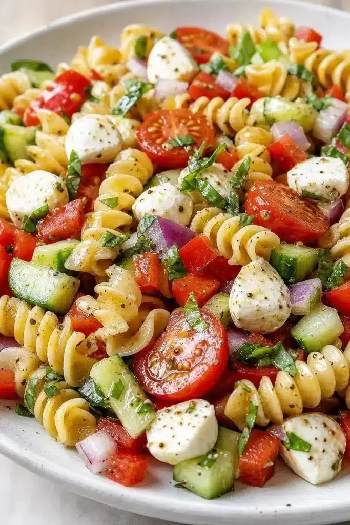 Delicious Cold Summer Pasta Salad with fresh vegetables and dressing