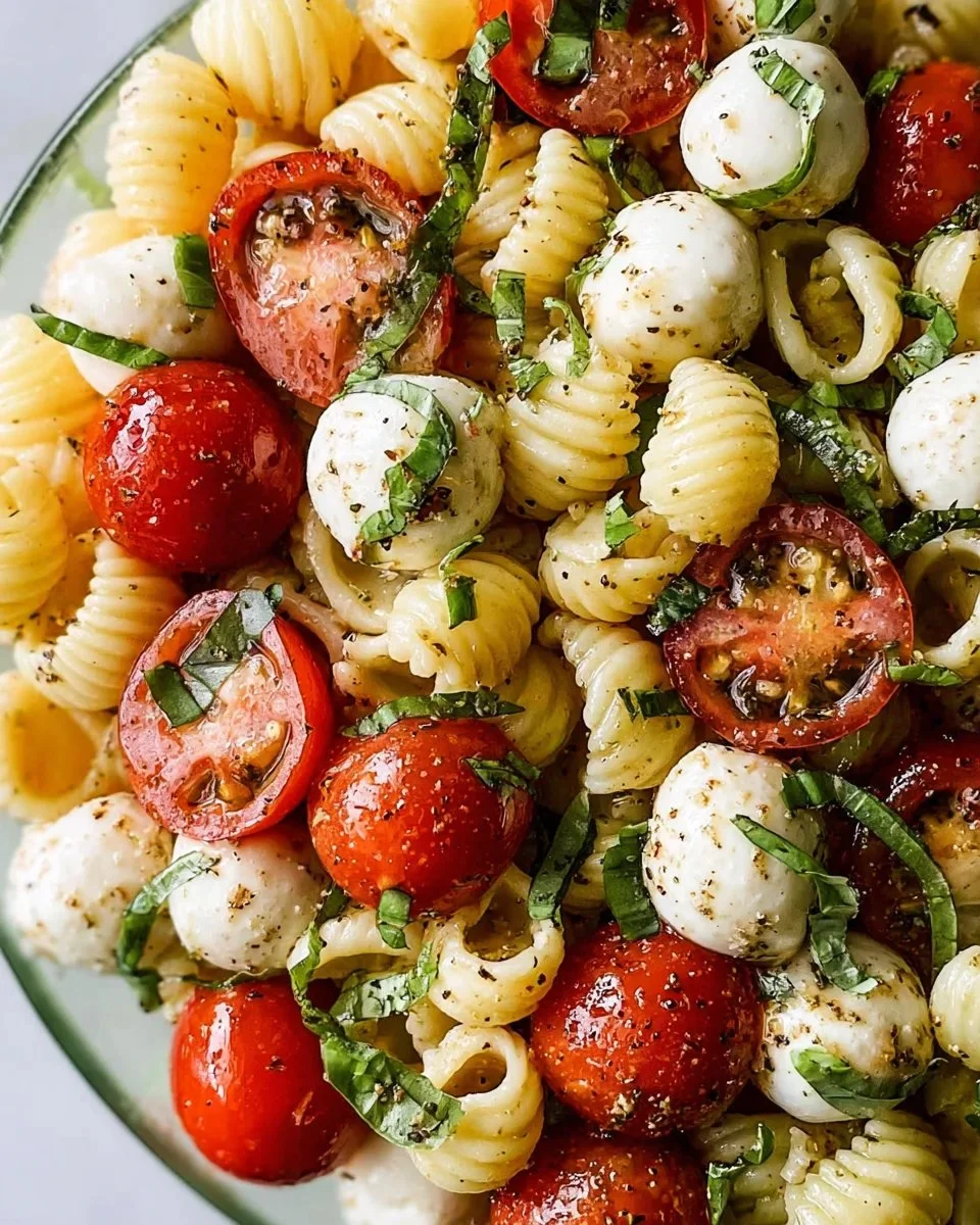 Creamy Caprese Pasta Salad with fresh mozzarella, tomatoes, and basil.