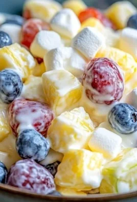 Creamy fruit salad with a mix of fresh fruits and a rich, creamy dressing