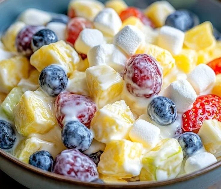 Creamy fruit salad with a mix of fresh fruits and a rich, creamy dressing