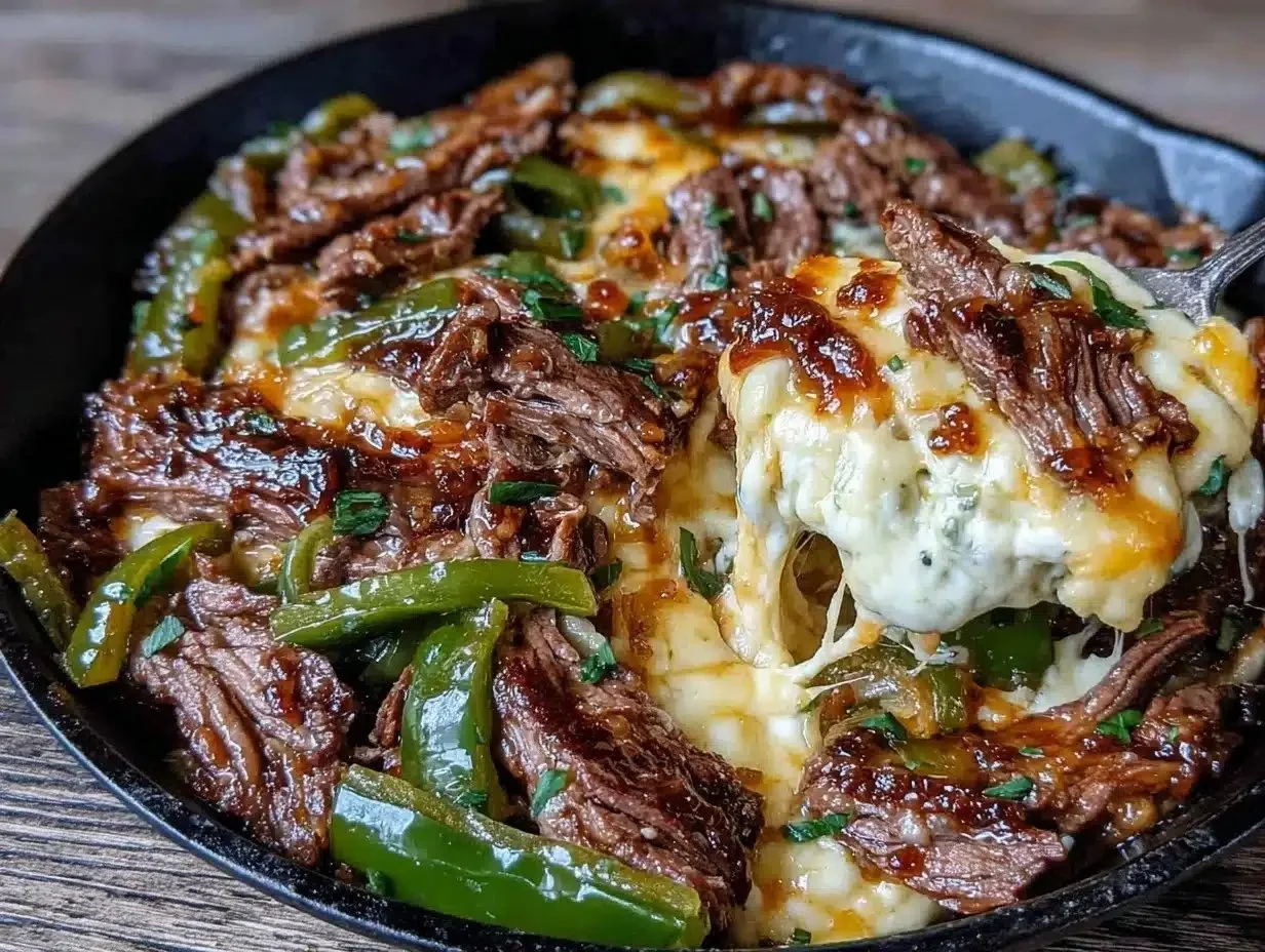 Creamy Keto Philly Cheesesteak Skillet served on a plate