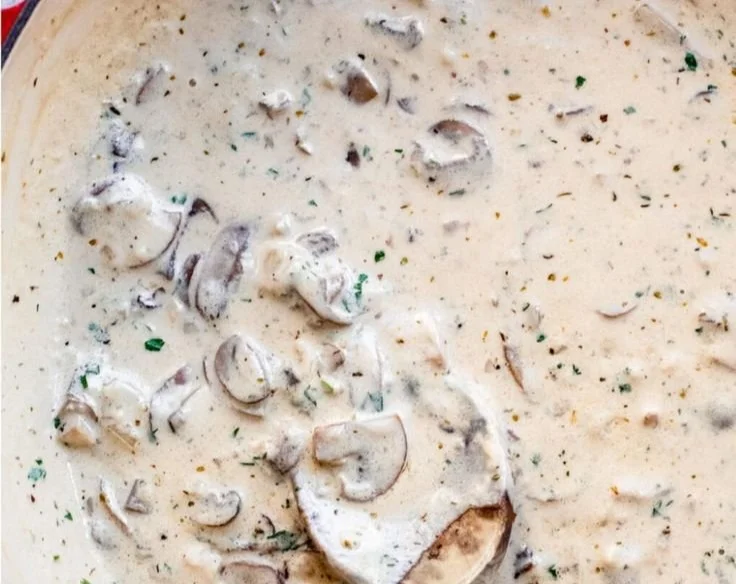 Delicious creamy mushroom pasta sauce ready to serve over pasta.