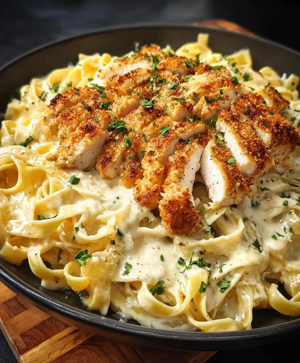 Plate of crispy chicken fettuccine alfredo topped with parsley