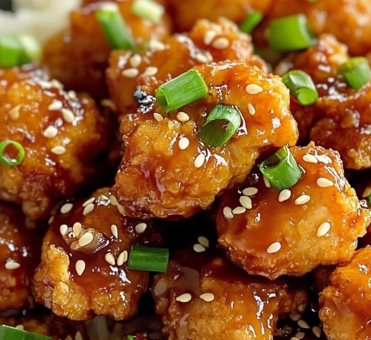 Crispy honey chicken bites served on a plate with dipping sauce