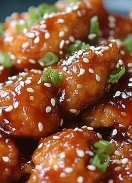 Crispy sesame chicken garnished with sesame seeds and green onions