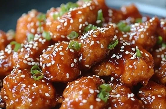 Crispy sesame chicken garnished with sesame seeds and green onions
