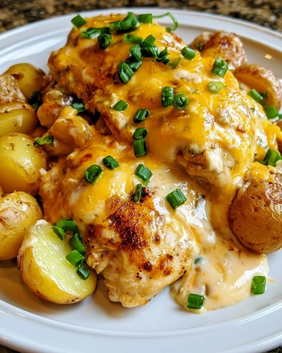 Crockpot Cheddar Ranch Chicken with baby potatoes in a creamy sauce