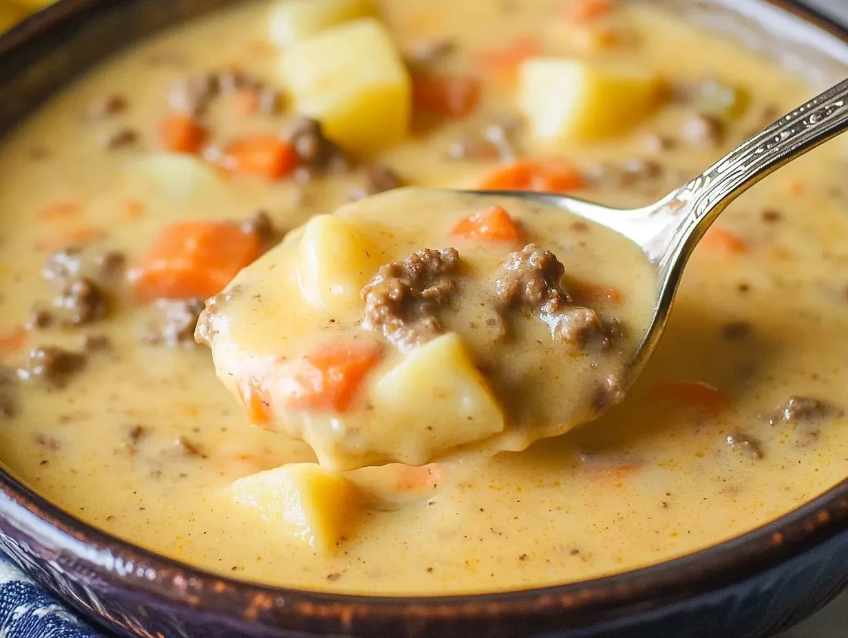 Delicious bowl of Crockpot cheeseburger soup topped with cheese and herbs