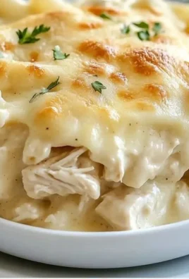 Delicious Dump and Bake Chicken Alfredo Casserole topped with cheese