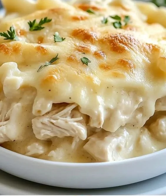 Delicious Dump and Bake Chicken Alfredo Casserole topped with cheese