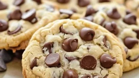 Easiest chocolate chip cookies freshly baked on a cooling rack