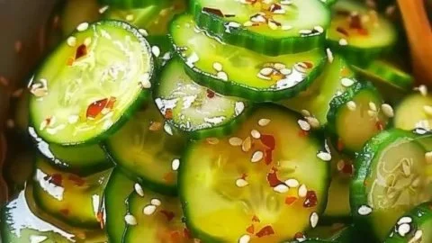 Bowl of Easy Asian Cucumber Salad with fresh tomatoes and sesame seeds