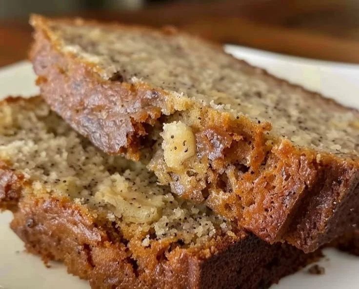 Slice of easy homemade banana bread on a wooden cutting board