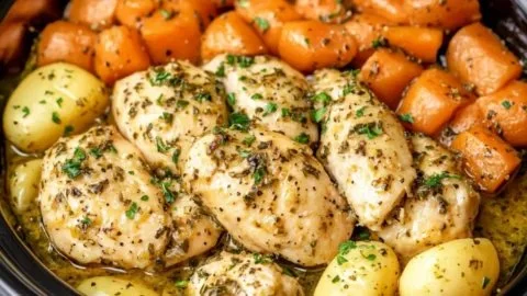 Easy Crockpot garlic herb chicken with fresh veggies in a slow cooker