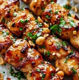 Easy grilled chicken skewers glazed with honey garlic sauce on a grill.
