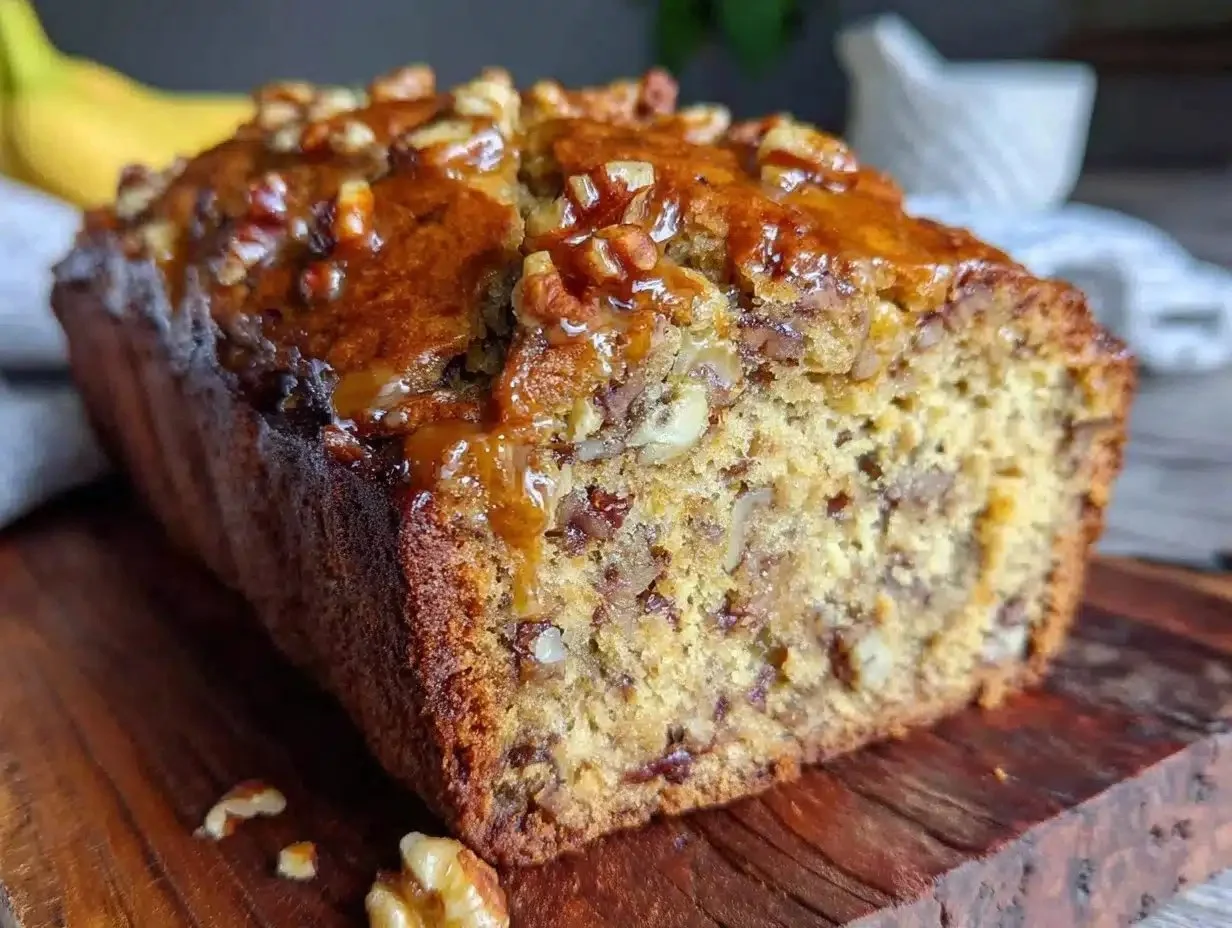 Delicious one-bowl brown butter banana bread topped with walnuts