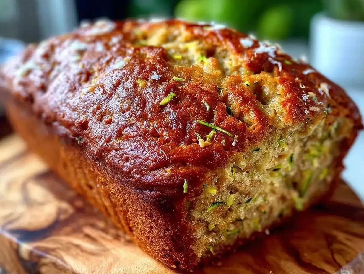 Freshly baked one-bowl zucchini bread on a wooden table