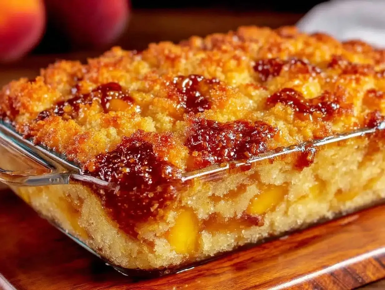 Delicious easy peach cobbler dump cake served in a dish