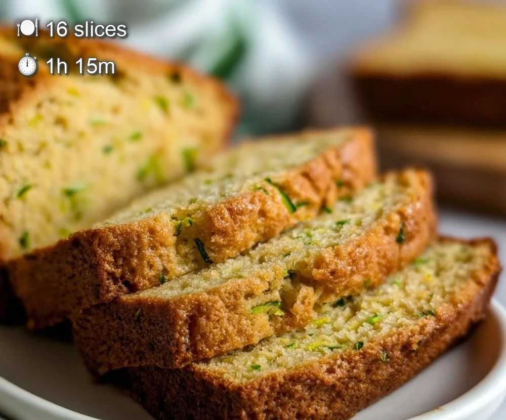 Sliced easy zucchini bread on a wooden table, showcasing its moist texture.