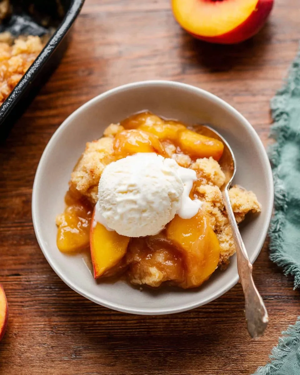 Delicious homemade fresh peach cobbler baked to perfection