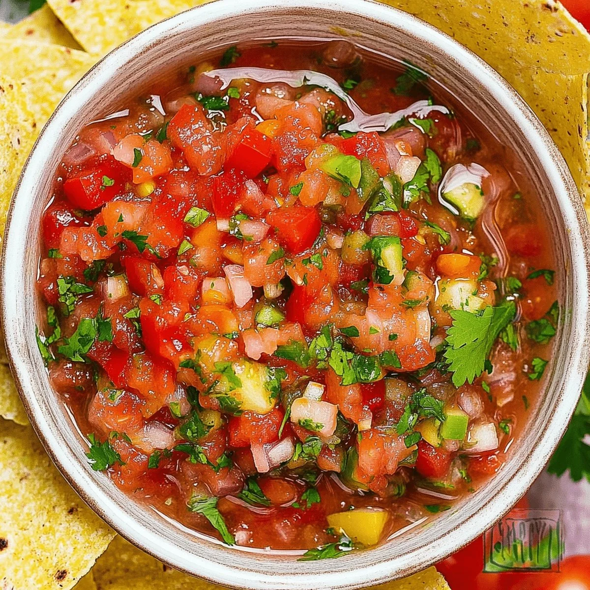 Bowl of fresh salsa made with tomatoes, onions, and cilantro