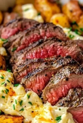Garlic butter steak served alongside a cheddar potato bake on a gourmet dinner plate