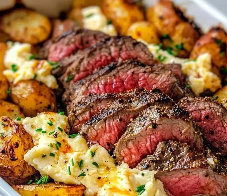 Garlic butter steak served alongside a cheddar potato bake on a gourmet dinner plate