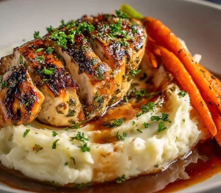 Delicious Garlic Herb Chicken garnished with fresh herbs and garlic