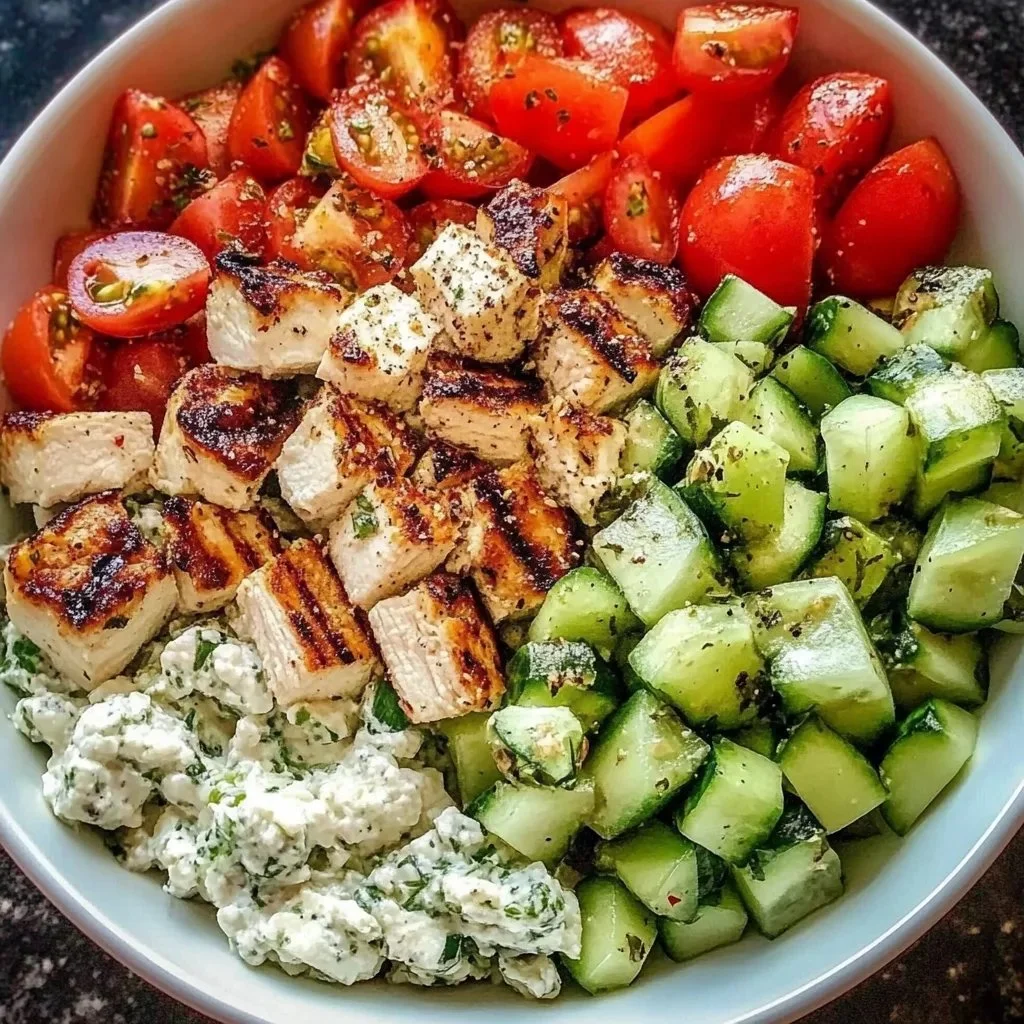 Delicious Greek Chicken Bowl topped with fresh vegetables and feta cheese