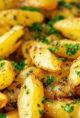 Bowl of Greek Lemon Potatoes garnished with herbs and lemon slices.