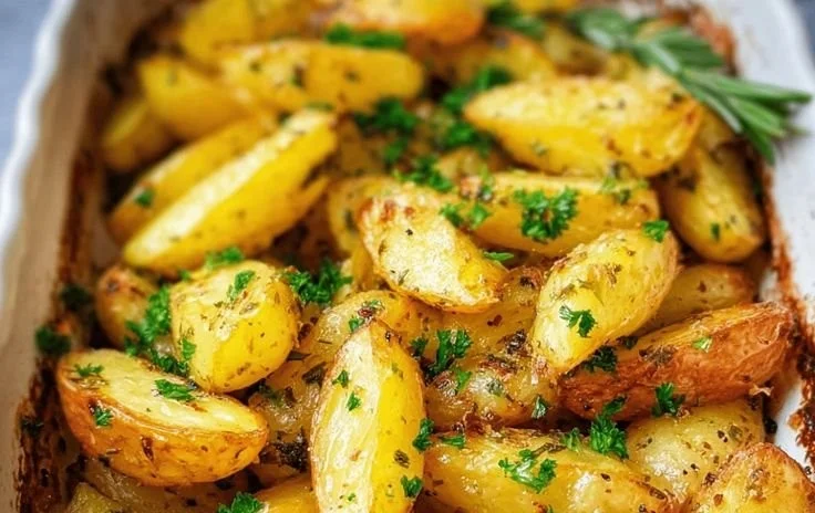 Bowl of Greek Lemon Potatoes garnished with herbs and lemon slices.