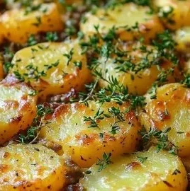 Delicious hamburger potato casserole topped with cheese and herbs.