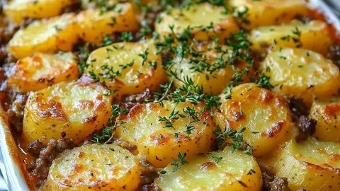 Delicious hamburger potato casserole topped with cheese and herbs.
