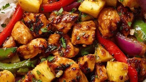 Hawaiian Chicken Sheet Pan with vibrant vegetables and pineapple