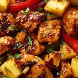 Delicious Hawaiian Chicken on a sheet pan with colorful vegetables