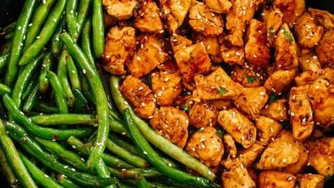 Plate of Honey Garlic Chicken served with fresh green beans