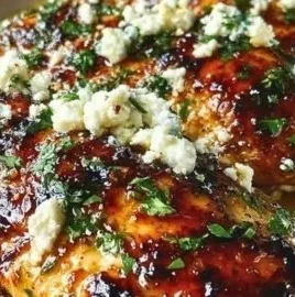 Plate of Hot Honey Feta Chicken garnished with fresh herbs.