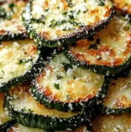 Roasted garlic parmesan zucchini slices on a plate, garnished and ready to serve.