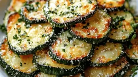 Roasted garlic parmesan zucchini slices on a plate, garnished and ready to serve.