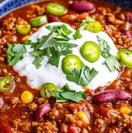 Delicious slow cooker chili in a bowl topped with cilantro