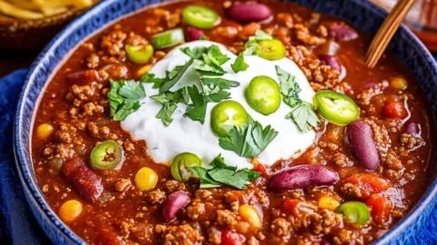 Delicious slow cooker chili in a bowl topped with cilantro