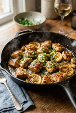 Juicy lemon butter chicken bites in a skillet, garnished with fresh herbs.