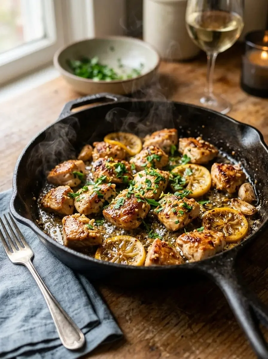 Juicy lemon butter chicken bites in a skillet, garnished with fresh herbs.