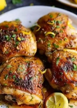 Lemon Garlic Butter Chicken Thighs cooked to perfection, garnished with fresh herbs.
