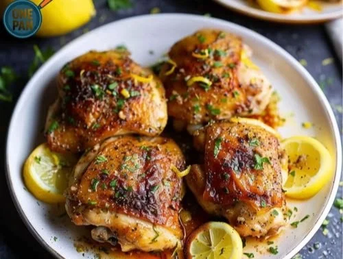Lemon Garlic Butter Chicken Thighs cooked to perfection, garnished with fresh herbs.
