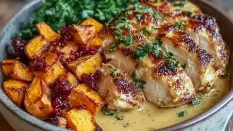 Maple Dijon Chicken Bowl with sweet potatoes served in a healthy dish