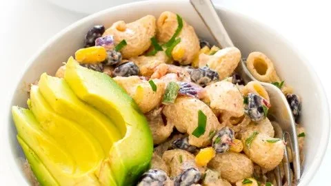 Colorful Mexican Pasta Salad with fresh vegetables and dressing