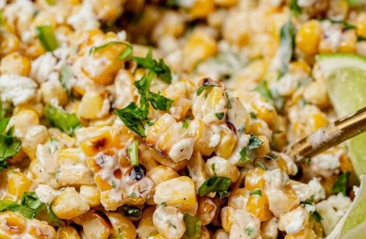 Bowl of colorful Mexican street corn salad with lime, cheese, and cilantro.