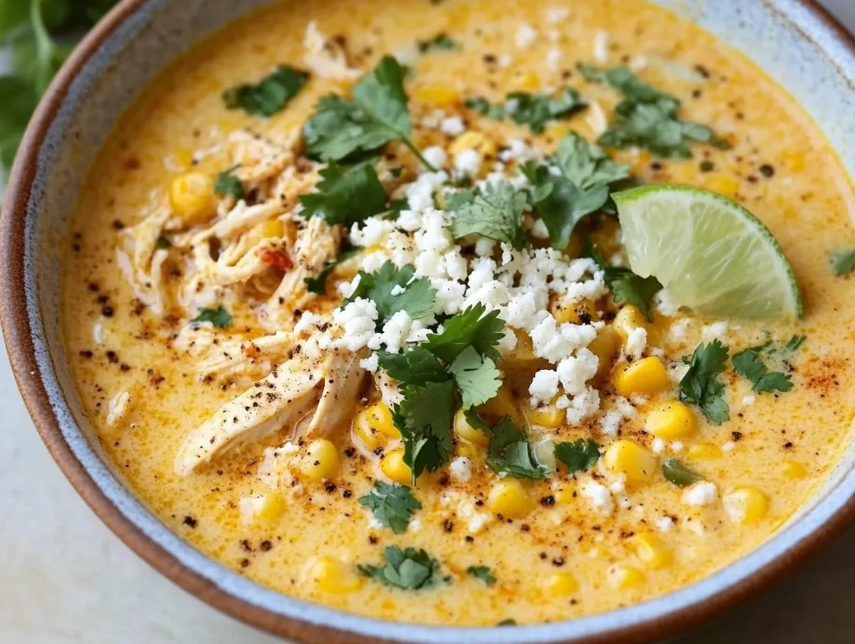Bowl of creamy Mexican street corn soup garnished with cilantro and lime