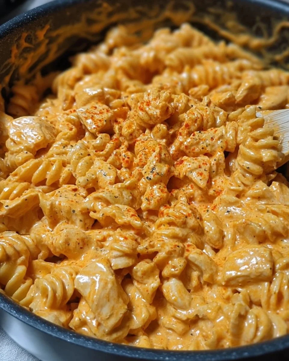 One-Pot Creamy Spicy Buffalo Chicken Pasta in a bowl with vibrant ingredients.